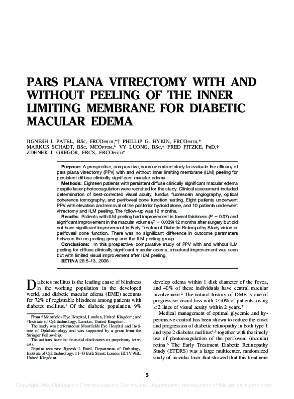 (PDF) Pars Plana Vitrectomy with and Without Peeling of the Inner ...