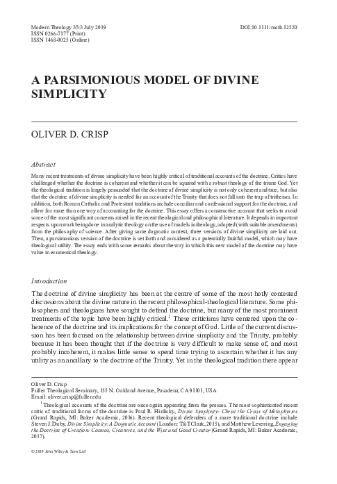 (PDF) A Parsimonious Model of Divine Simplicity