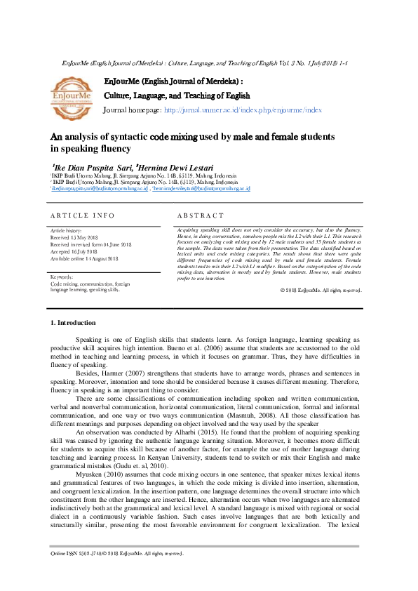 (PDF) An analysis of syntactic code mixing used by male and female ...