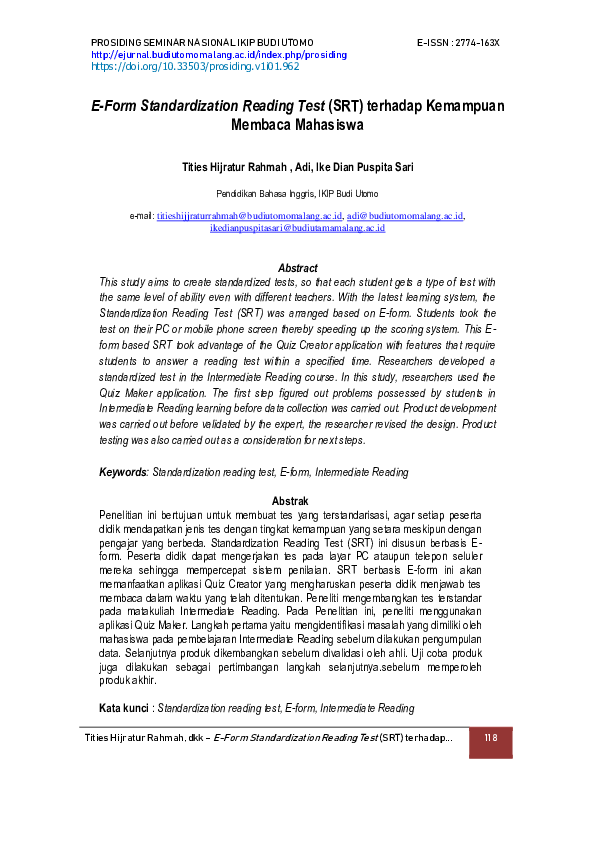 (PDF) E-Form Standardization Reading Test (SRT) terhadap Kemampuan ...