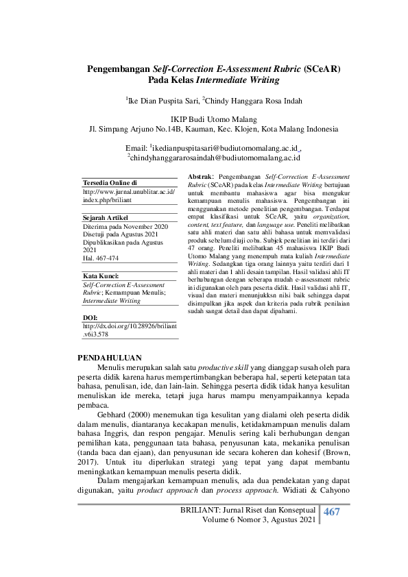 (PDF) Pengembangan Self-Correction E-Assessment Rubric (SCeAR) Pada ...