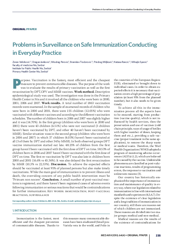 (PDF) MED ARH 2010; 64(4) • original ppaper problems in surveillance on ...