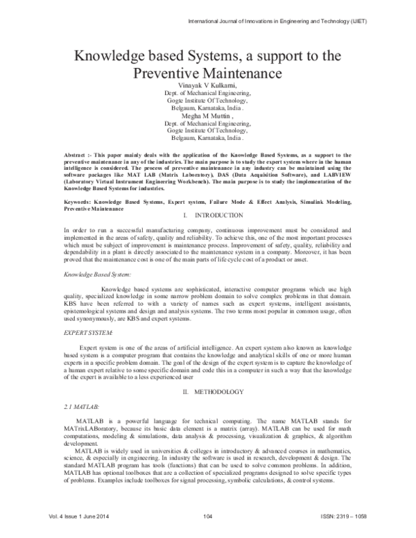 (PDF) Knowledge based Systems, a support to the Preventive Maintenance