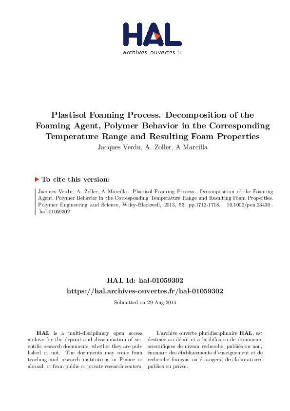 (PDF) Plastisol foaming process. Decomposition of the foaming agent ...