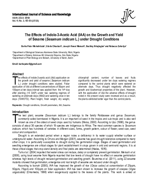 (PDF) The Effects of Indole-3-Acetic Acid (IAA) on the Growth and Yield ...