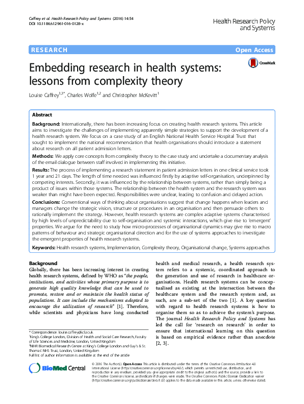 (PDF) Embedding research in health systems: lessons from complexity theory