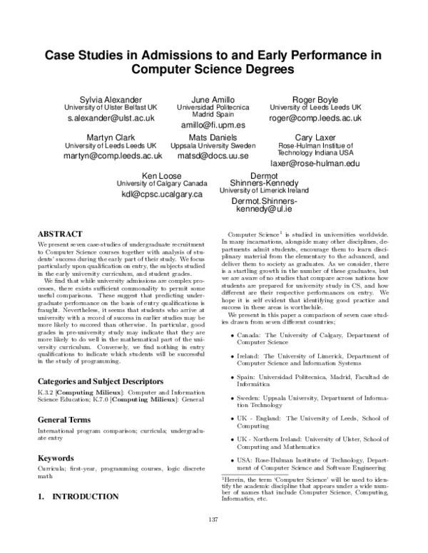 (PDF) Case studies in admissions to and early performance in computer ...