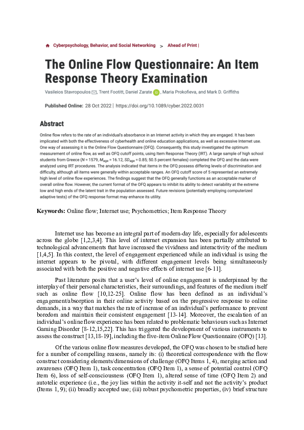 (PDF) The Online Flow Questionnaire: An Item Response Theory Examination