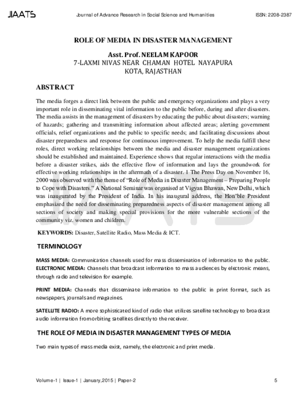PDF Role Of Media In Disaster Management PDF Role Of Media In Disaster Management