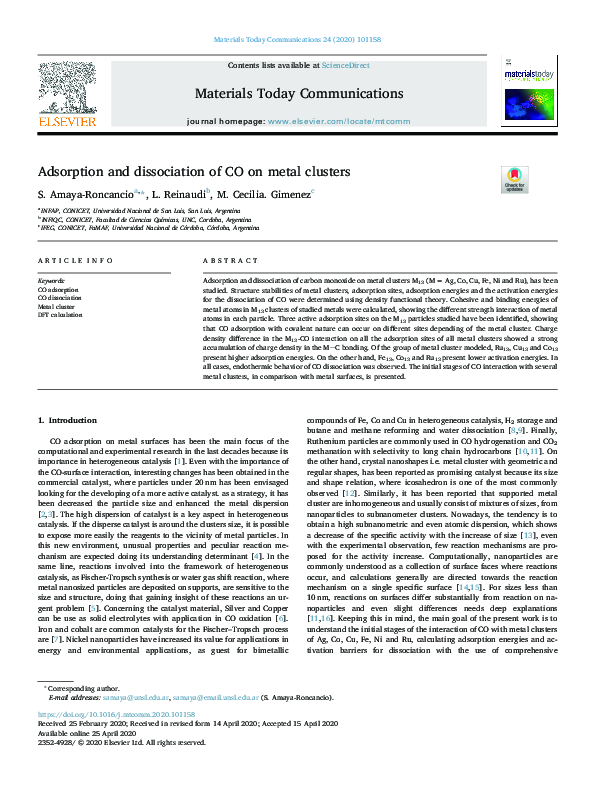 (PDF) Adsorption and dissociation of CO on metal clusters