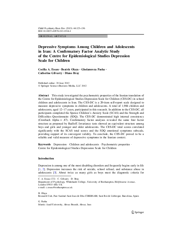 (PDF) Depressive Symptoms Among Children and Adolescents in Iran: A ...