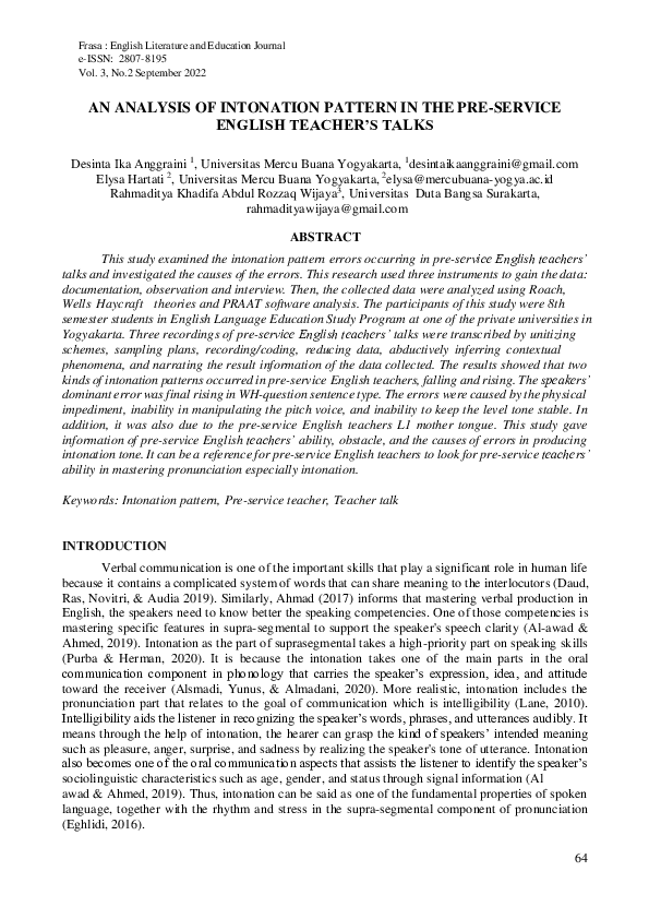 (PDF) An Analysis of Intonation Pattern in the Pre Service English ...