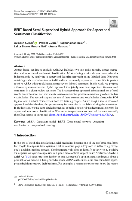 (PDF) BERT Based Semi-Supervised Hybrid Approach for Aspect and ...