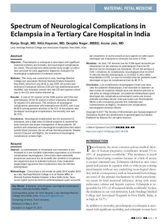 (PDF) Spectrum of Neurological Complications in Eclampsia in a Tertiary ...