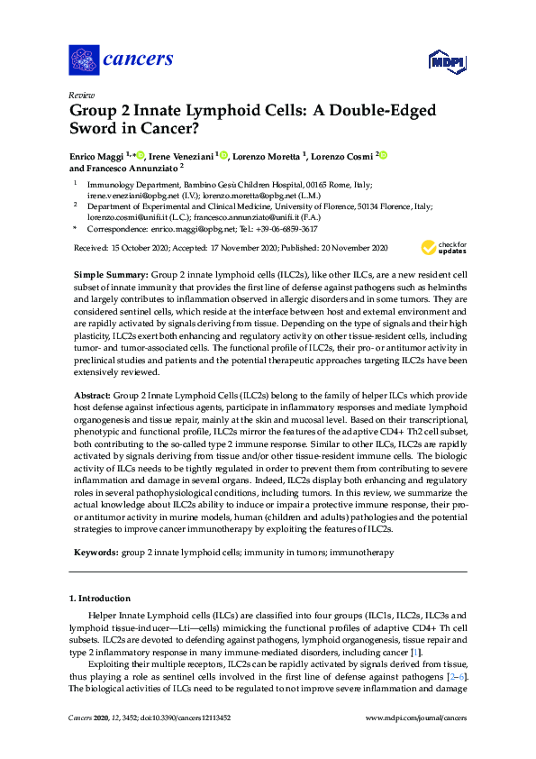 (PDF) Group 2 Innate Lymphoid Cells: A Double-Edged Sword in Cancer?