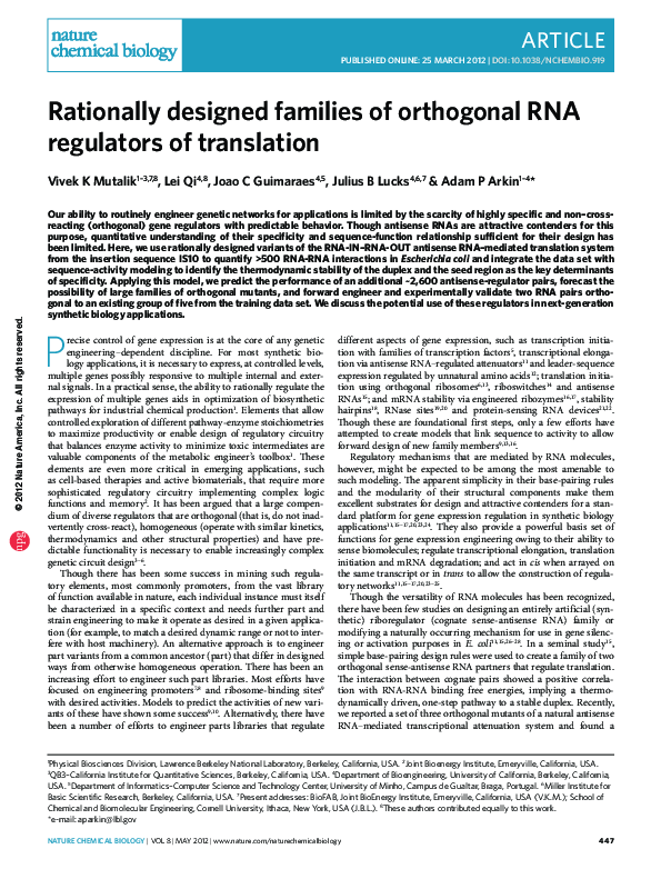 (PDF) Rationally designed families of orthogonal RNA regulators of ...