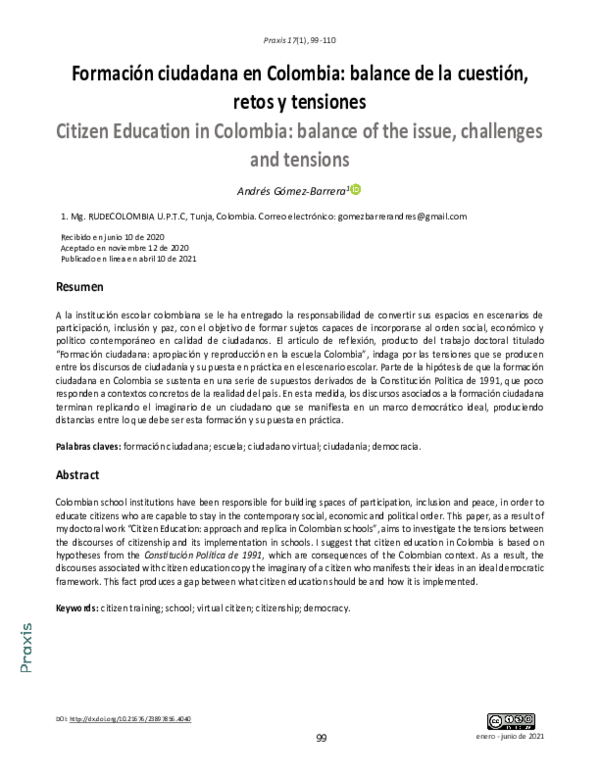 (PDF) Formación ciudadana en Colombia: balance de la cuestión, retos y ...