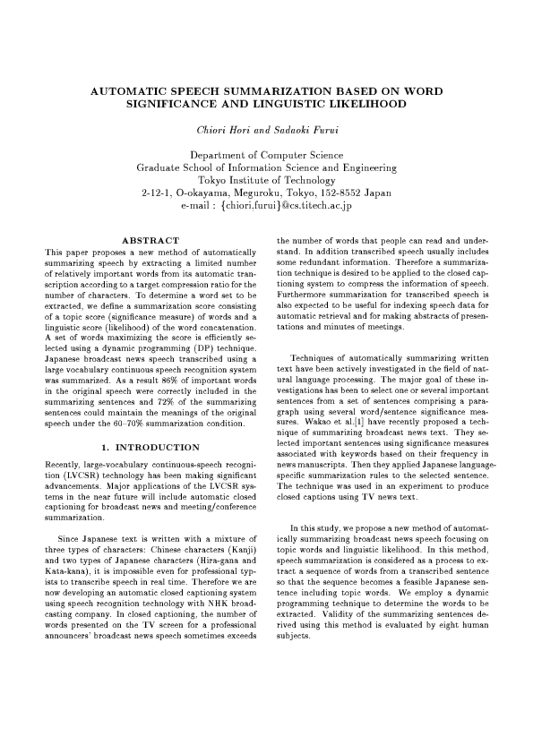 (PDF) Automatic speech summarization based on word significance and ...