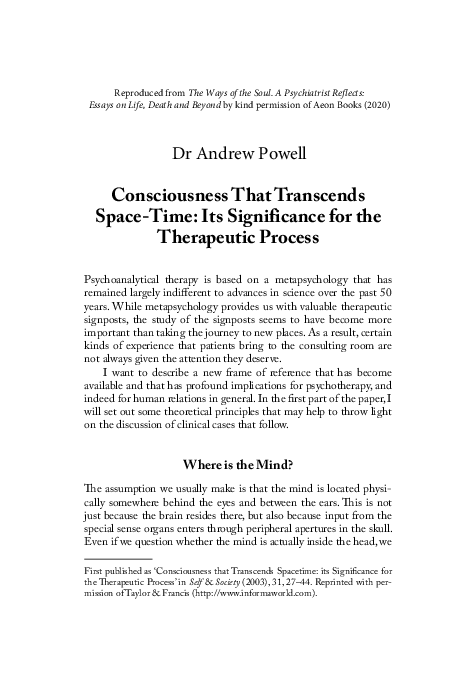 (PDF) Consciousness That Transcends Space-Time: Its Significance for ...