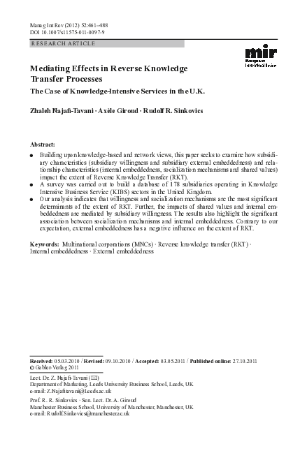 (PDF) Mediating Effects in Reverse Knowledge Transfer Processes