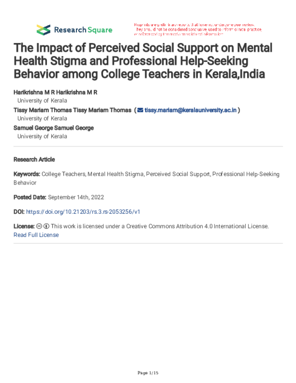 (PDF) The Impact of Perceived Social Support on Mental Health Stigma ...