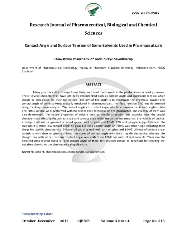 (PDF) Contact Angle and Surface Tension of Some Solvents Used in ...