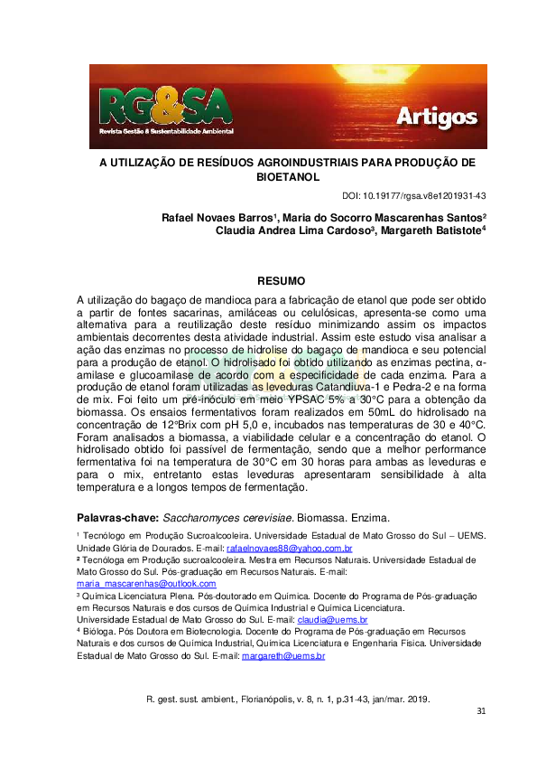 (PDF) A Utilização De Resíduos Agroindustriais Para Produção De Bioetanol