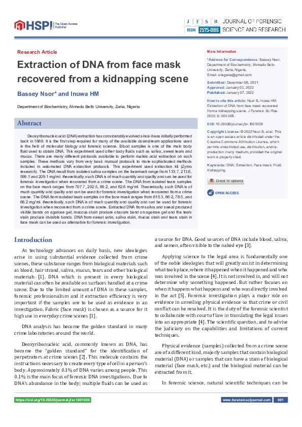 (PDF) Extraction of DNA from face mask recovered from a kidnapping scene