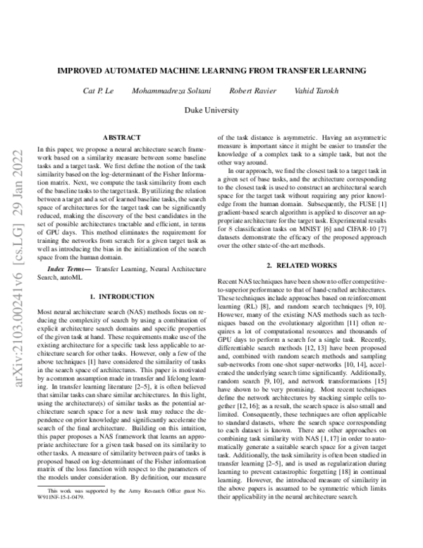 (PDF) Improved Automated Machine Learning from Transfer Learning