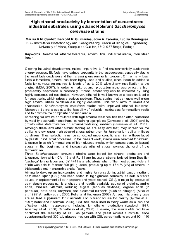 (PDF) High ethanol productivity by fermentation of concentrated ...