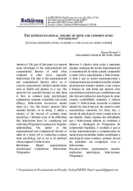 (PDF) The representational theory of mind and common sense psychology