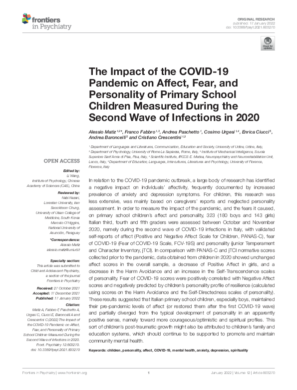 (PDF) The Impact of the COVID-19 Pandemic on Affect, Fear, and ...