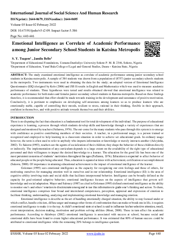 (PDF) Emotional Intelligence as Correlate of Academic Performance among ...