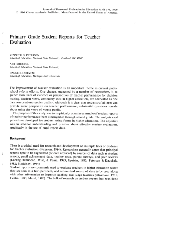 (PDF) Primary Grade Student Reports for Teacher Evaluation
