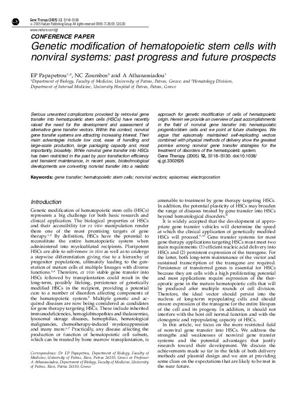 (PDF) Genetic modification of hematopoietic stem cells with nonviral ...