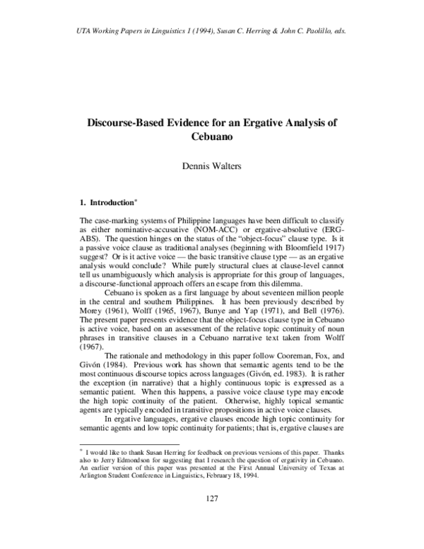 (PDF) Discourse-based evidence for an ergative analysis of Cebuano