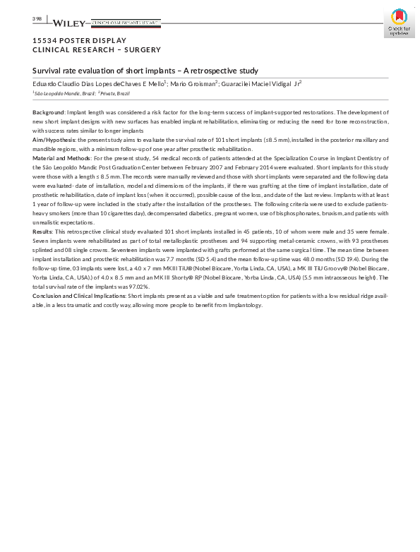 (PDF) Survival rate evaluation of short implants – A retrospective study