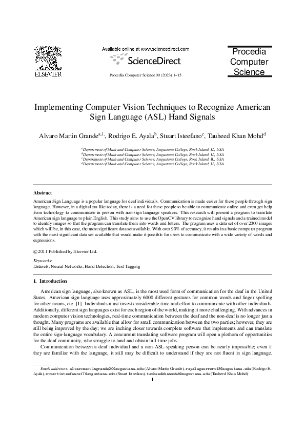(PDF) Implementing Computer Vision Techniques to Recognize American ...