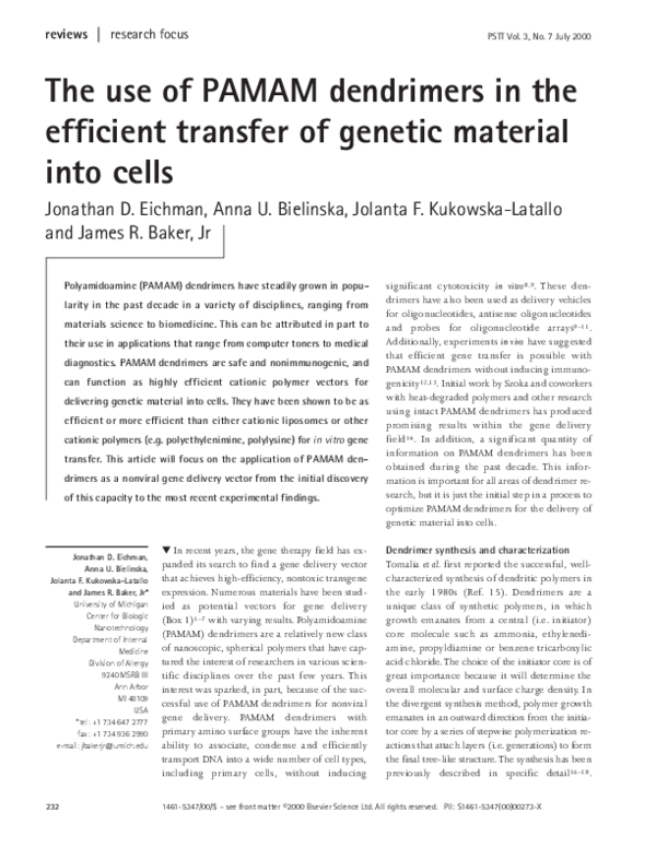 (PDF) The use of PAMAM dendrimers in the efficient transfer of genetic ...
