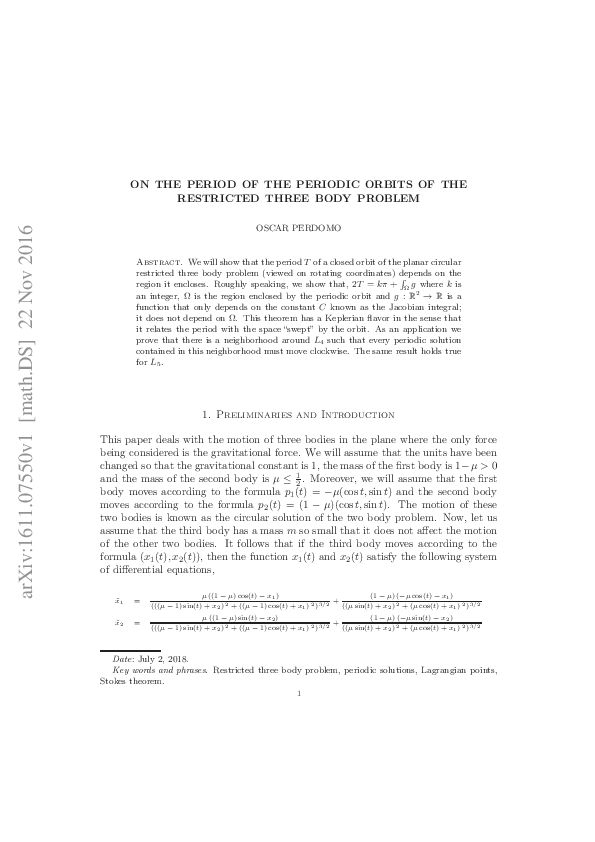(PDF) On the period of the periodic orbits of the restricted three body ...