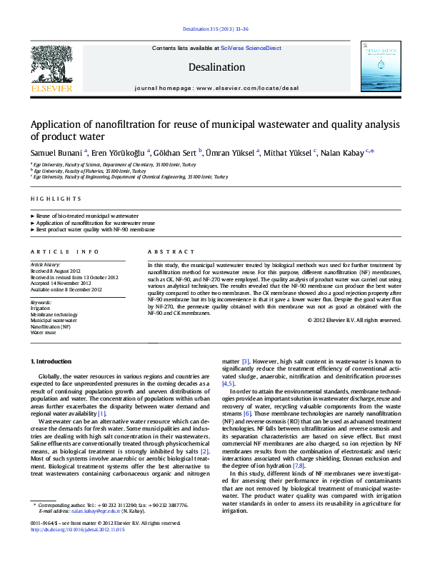 (PDF) Application of nanofiltration for reuse of municipal wastewater ...