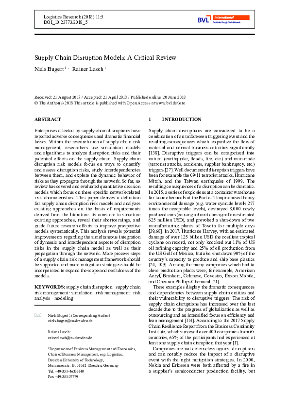 (PDF) Supply Chain Disruption Models A Critical Review Rainer Lasch