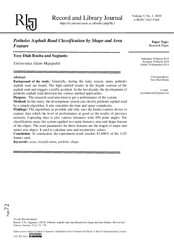 (PDF) Potholes Road Classification by Shape and Area Features
