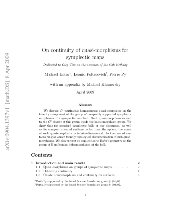 (PDF) On Continuity of Quasimorphisms for Symplectic Maps
