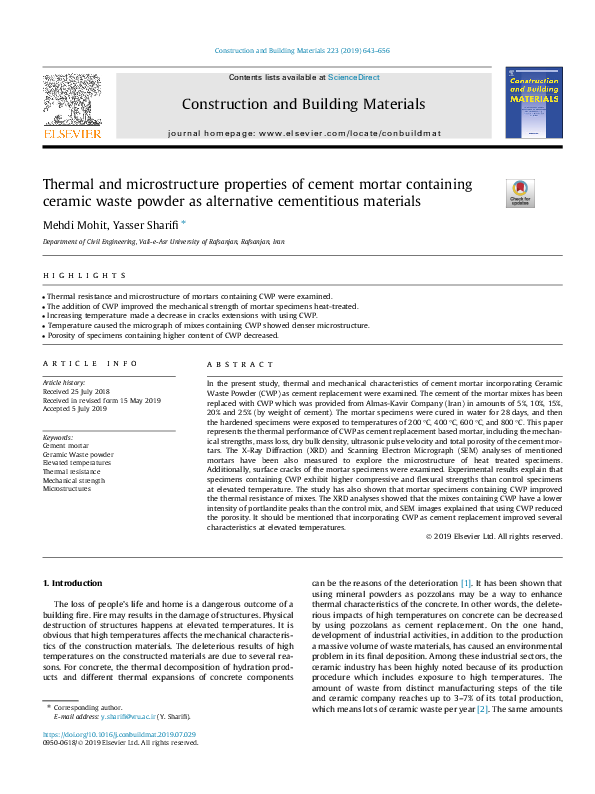 (PDF) Thermal and microstructure properties of cement mortar containing ...
