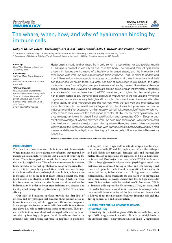 (PDF) The Where, When, How, and Why of Hyaluronan Binding by Immune Cells