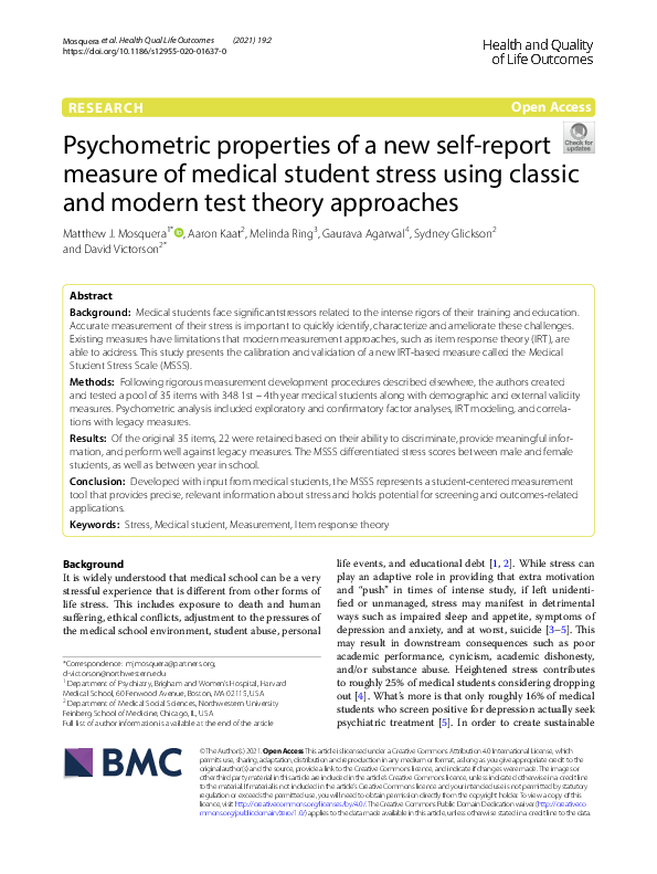 (PDF) Psychometric properties of a new self-report measure of medical ...