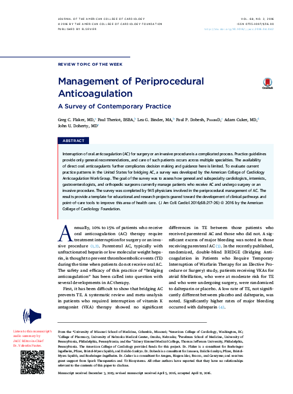 (PDF) Management of Periprocedural Anticoagulation