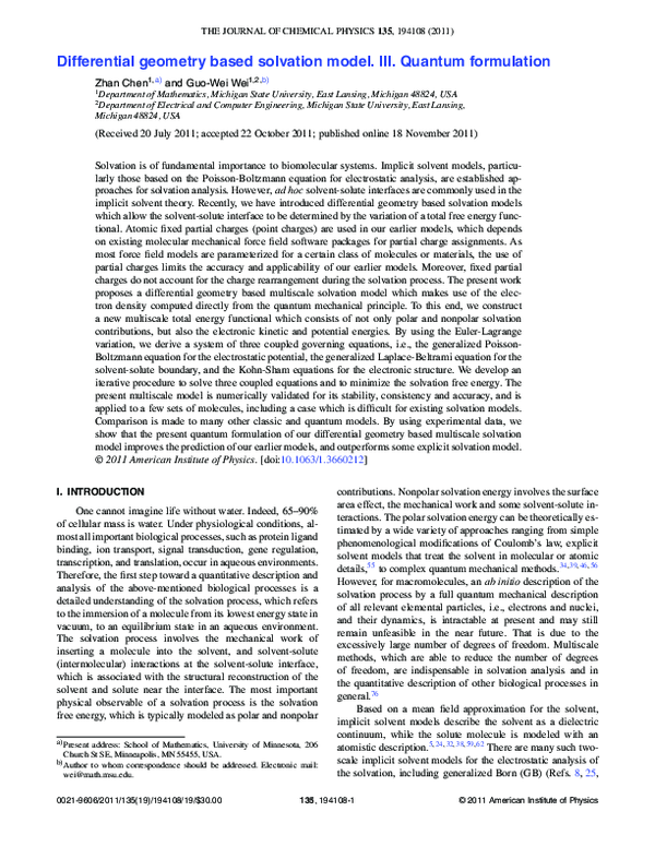 (PDF) Differential geometry based solvation model. III. Quantum formulation