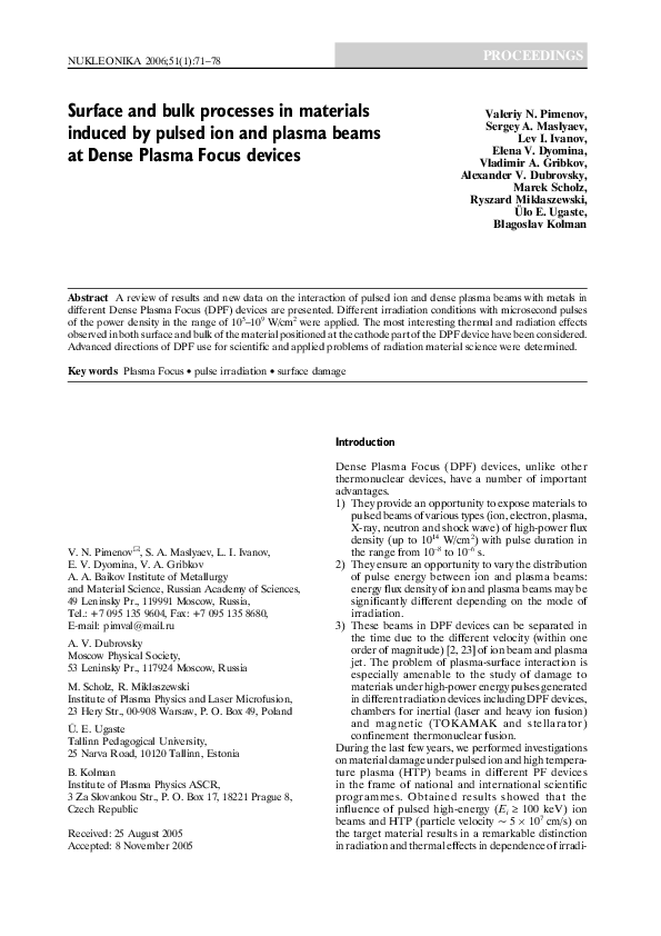 (PDF) Surface and bulk processes in materials induced by pulsed ion and ...